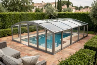 Abri de piscine bas profil en aluminium et polycarbonate installé sur une piscine rectangulaire dans un jardin soigné avec carrelage en terre cuite