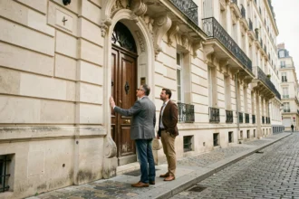 Couple inspectant la façade d'une maison ancienne de style haussmannien en Île-de-France lors d'une visite immobilière