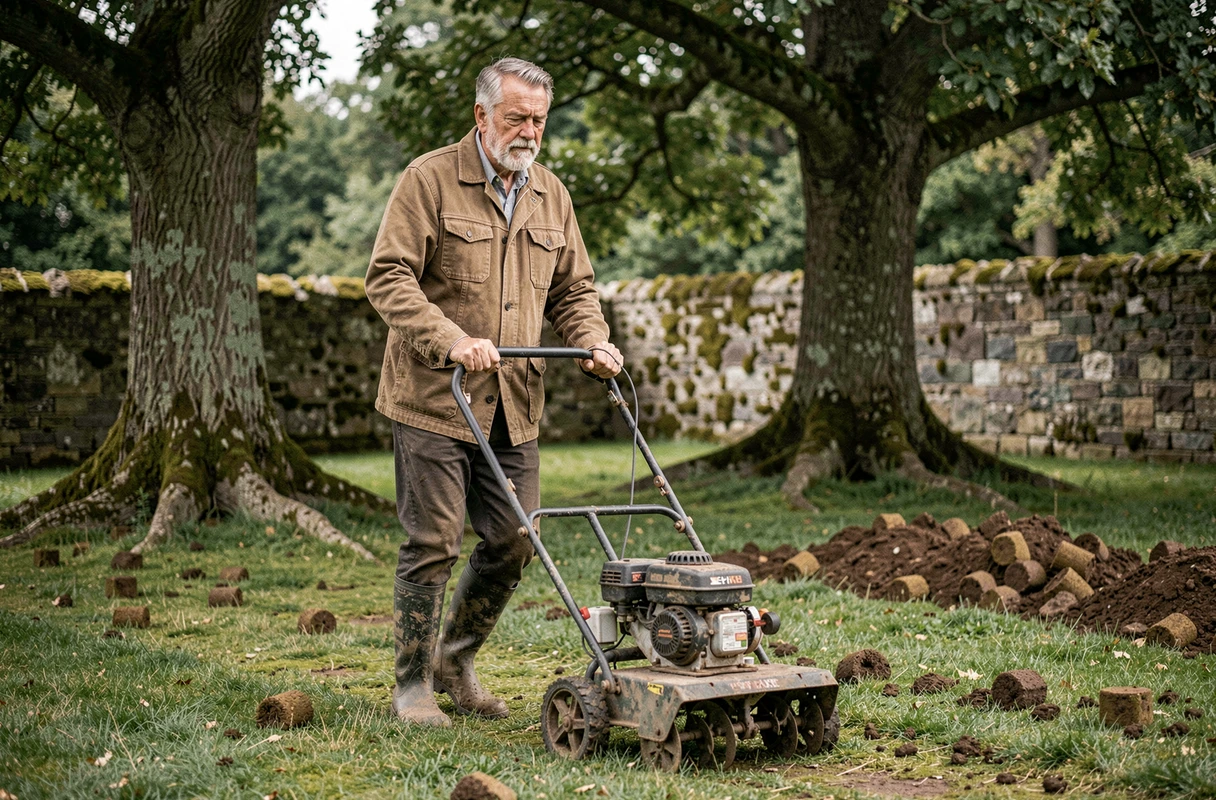 Homme aérant mécaniquement une pelouse avec un aérateur à griffes dans un grand jardin privé