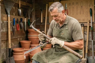 Jardinier d'âge mûr affûtant la lame d'une bêche avec une lime métallique dans un abri de jardin en bois rempli d'outils accrochés au mur