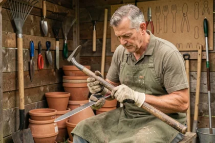 Jardinier d'âge mûr affûtant la lame d'une bêche avec une lime métallique dans un abri de jardin en bois rempli d'outils accrochés au mur