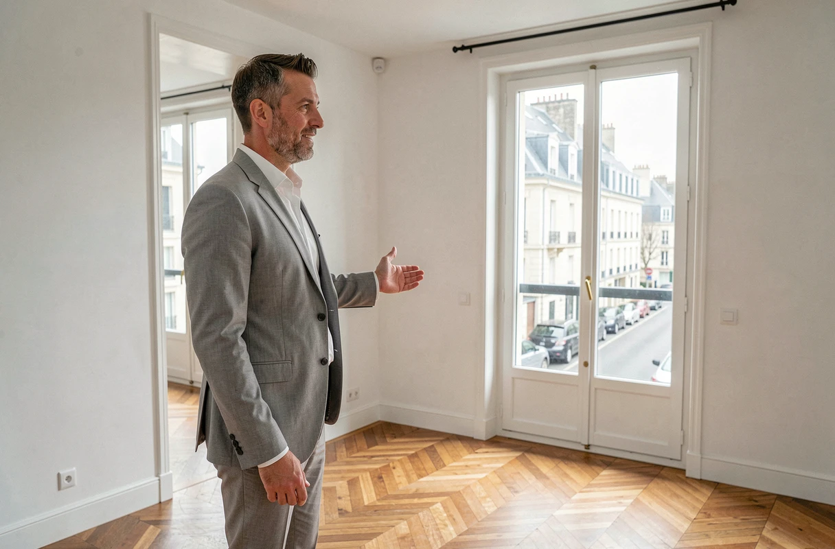 Agent immobilier présentant un appartement vide avec vue sur rue en banlieue parisienne pour un investissement locatif