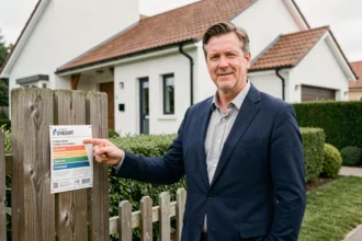Agent immobilier présentant un certificat de performance énergétique devant une maison individuelle moderne