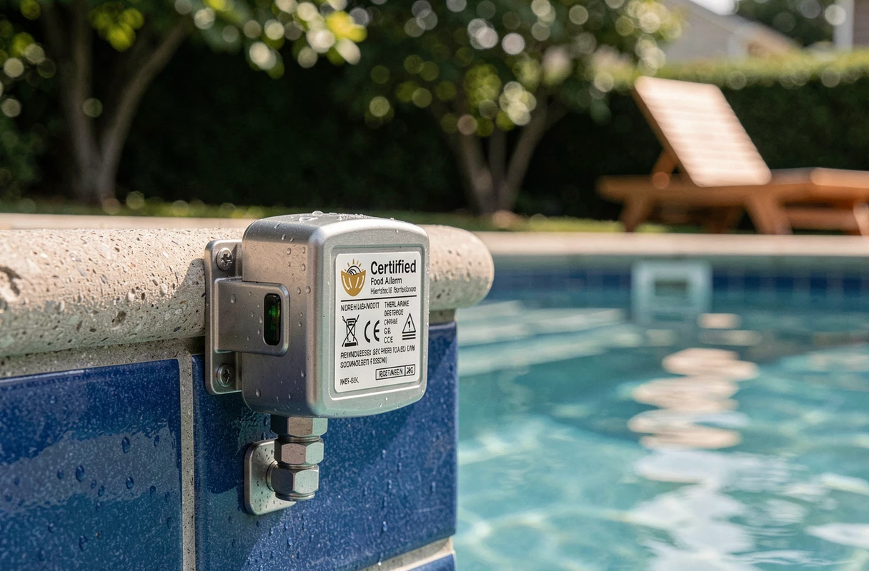 Détail d'une alarme de piscine certifiée fixée sur le bord d'une piscine privée extérieure
