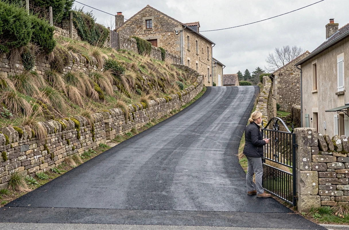 Allée en enrobé bitumineux en pente menant à une maison en pierre dans un village français