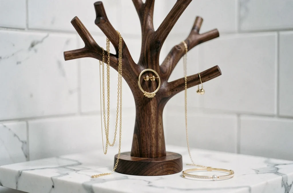 Gros plan sur un arbre à bijoux en noyer foncé sur une étagère en marbre blanc avec colliers dorés et bracelets suspendus dans une salle de bain minimaliste