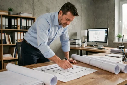Architecte masculin analysant des devis de construction neuve sur un bureau avec des plans et documents imprimés