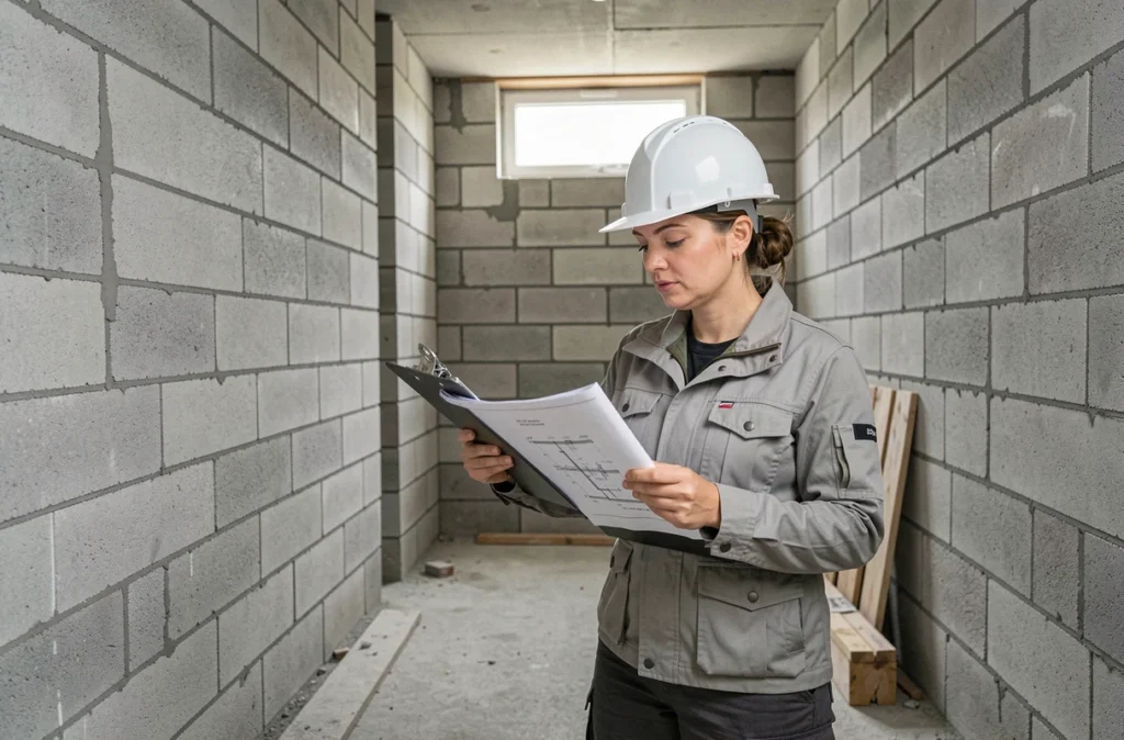 Architecte examinant les plans de mur de parpaings à l'intérieur d'un sous-sol en construction