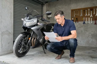 Propriétaire de moto consultant un document d'assurance dans un box garage en béton
