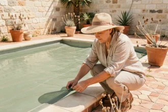 Femme installant une bâche de piscine pour limiter l'évaporation en période de sécheresse