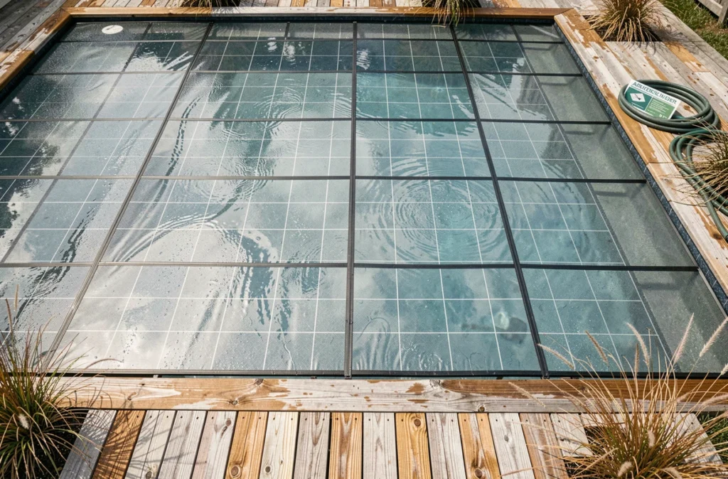 Vue aérienne d'une piscine recouverte d'une bâche solaire pour réduire l'évaporation en sécheresse