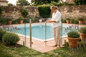 Femme inspectant la barrière de sécurité en verre d'une piscine privée dans un jardin résidentiel