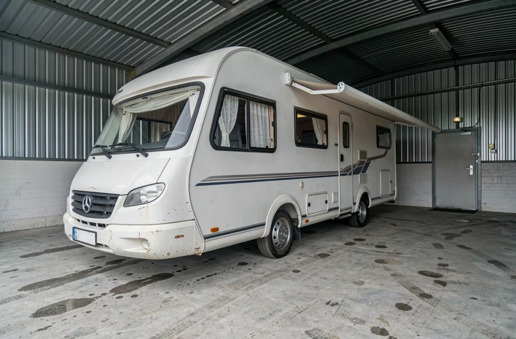 Camping-car garé dans un box garage privé avec porte métallique verrouillée