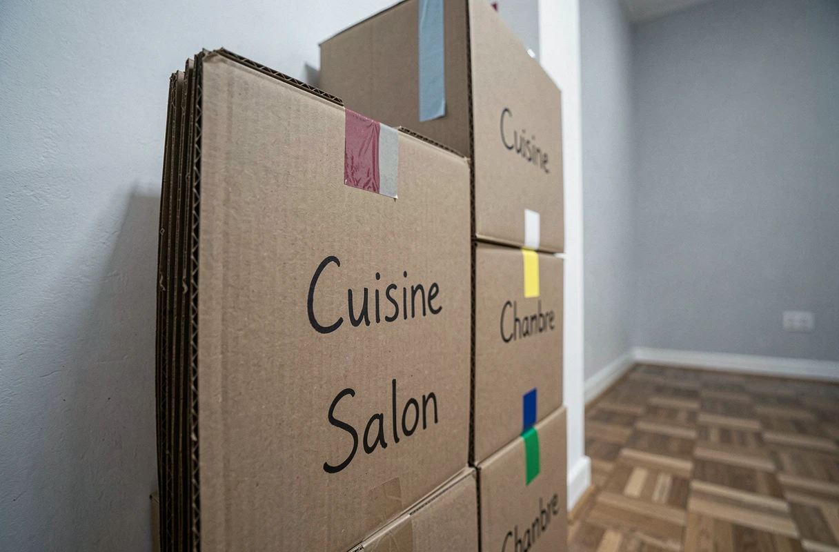 Cartons de déménagement étiquetés et codés par couleur empilés dans un couloir d'appartement vide