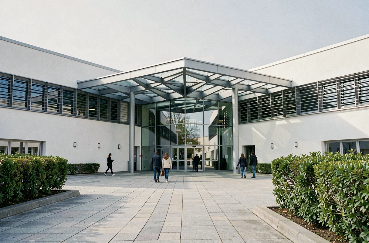 Centre culturel moderne à Boulogne-Billancourt avec auvent en verre et acier et plaza piétonne