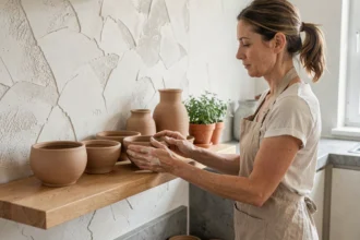 Femme artisan disposant des céramiques artisanales sur une étagère en chêne dans une cuisine de style scandinave