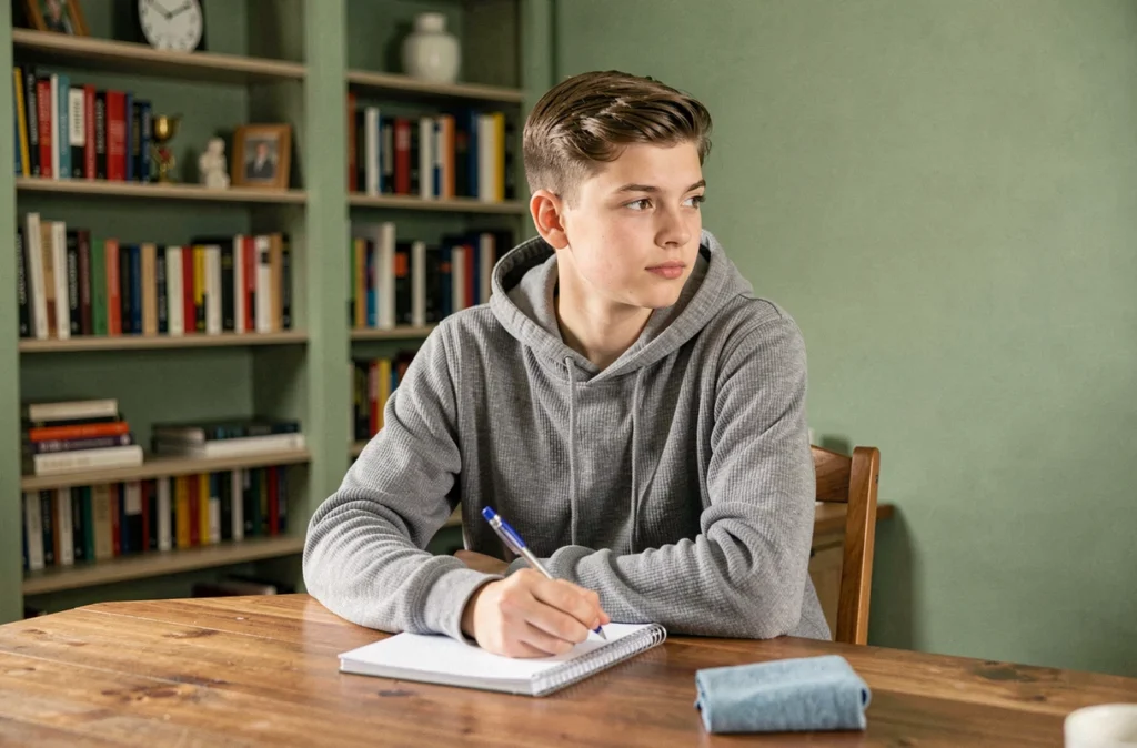 Adolescent dans une chambre aux murs vert sauge, couleur favorisant la détente et le sommeil chez les garçons