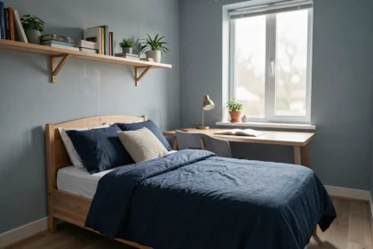 Chambre de garçon adolescent aux tons bleu-gris apaisants, idéale pour favoriser un sommeil réparateur