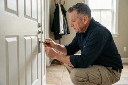 Serrurier professionnel en train de démonter un cylindre multipoints sur une porte d'entrée en bois blanc