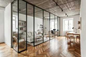 Cloison vitrée à cadre noir séparant le salon du bureau dans un appartement haussmannien rénové