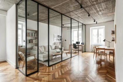 Cloison vitrée à cadre noir séparant le salon du bureau dans un appartement haussmannien rénové