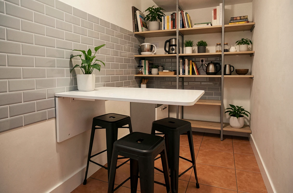 Coin repas modulable avec table rabattable murale et tabourets empilables dans un studio