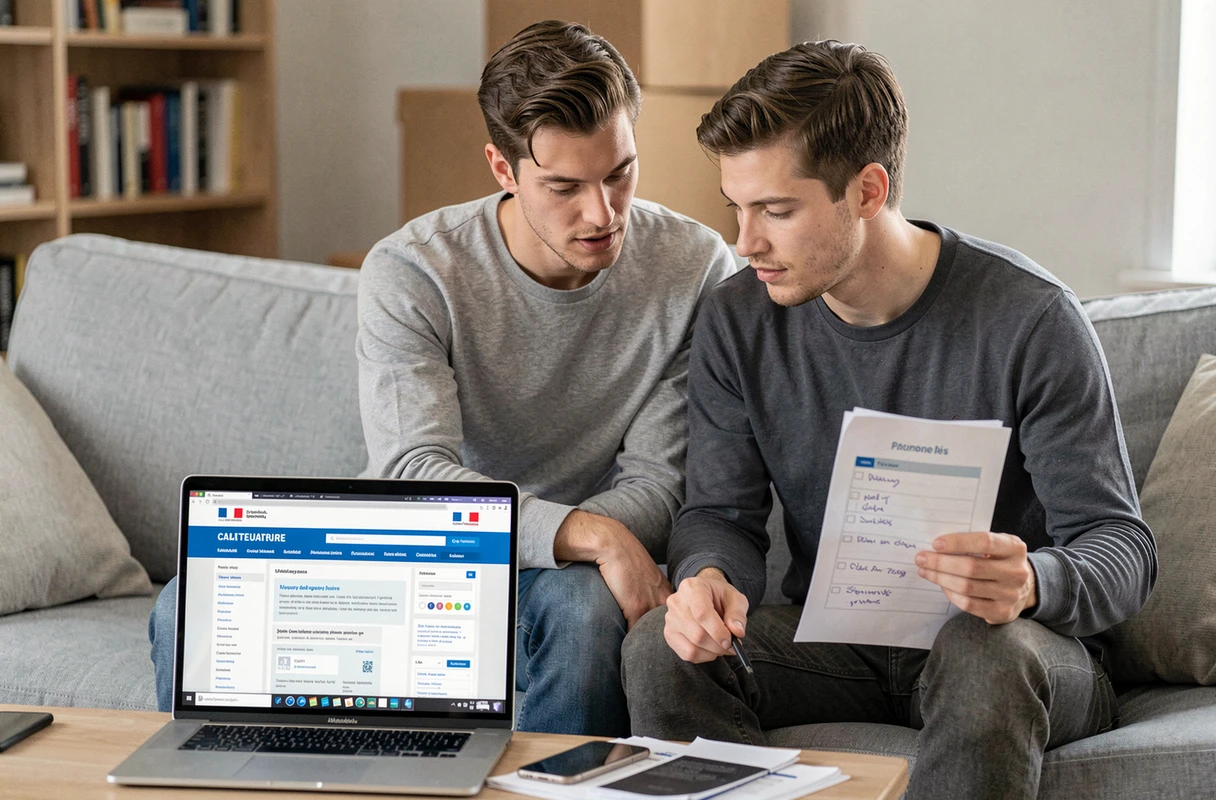 Couple consultant le site gouvernemental français pour effectuer un changement d'adresse en ligne depuis leur salon