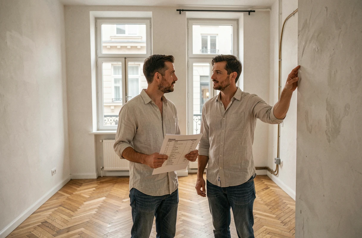 Couple vérifiant les frais annexes lors de la visite d'un appartement vide avant acquisition
