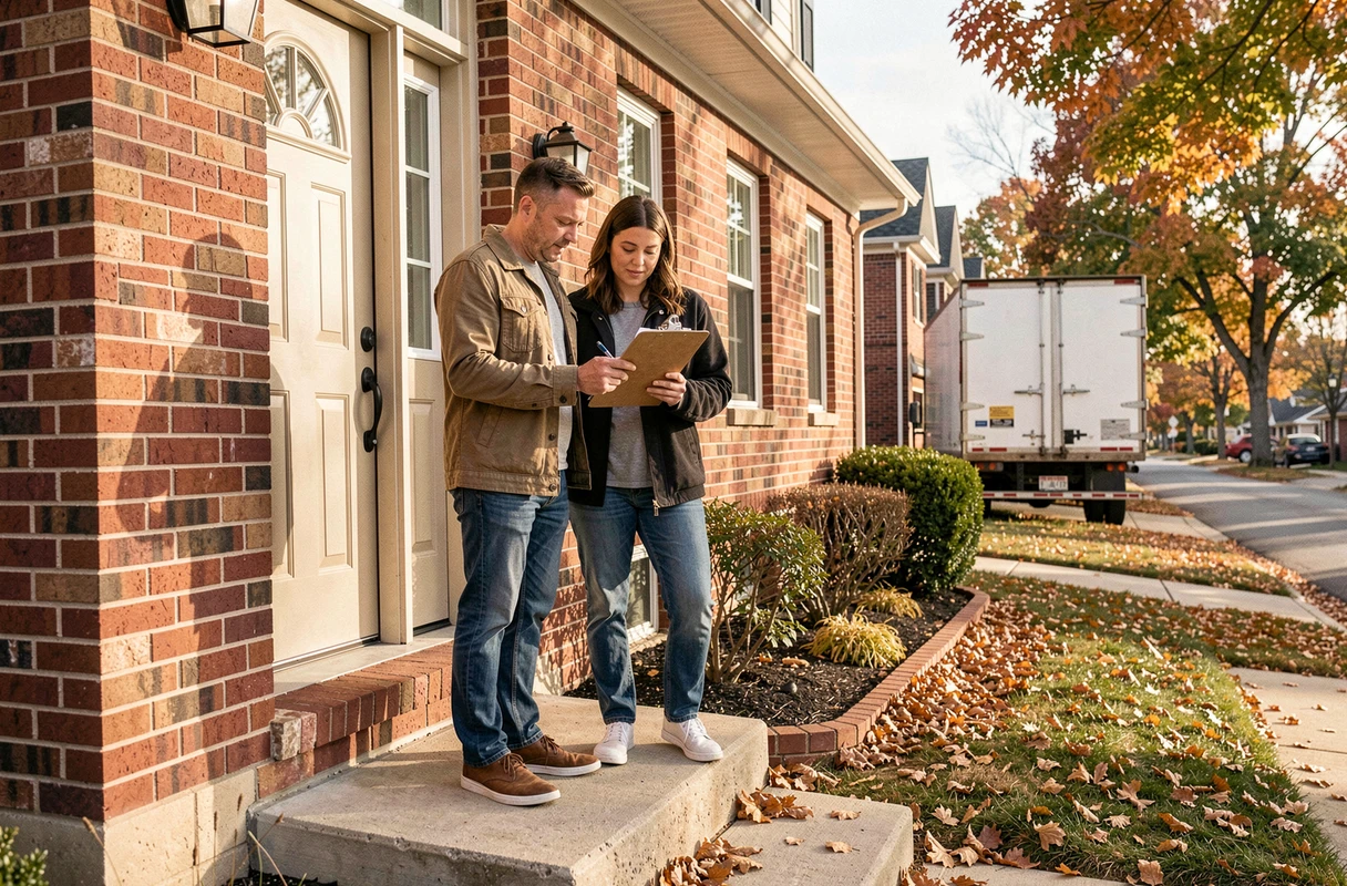 Couple vérifiant une liste de déménagement devant une maison en automne avec un camion de déménagement