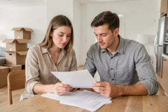 Jeune couple primo-accédant examinant des documents de copropriété dans leur nouvel appartement