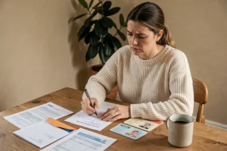 Femme remplissant des formulaires administratifs de changement d'adresse à une table en bois dans un appartement moderne
