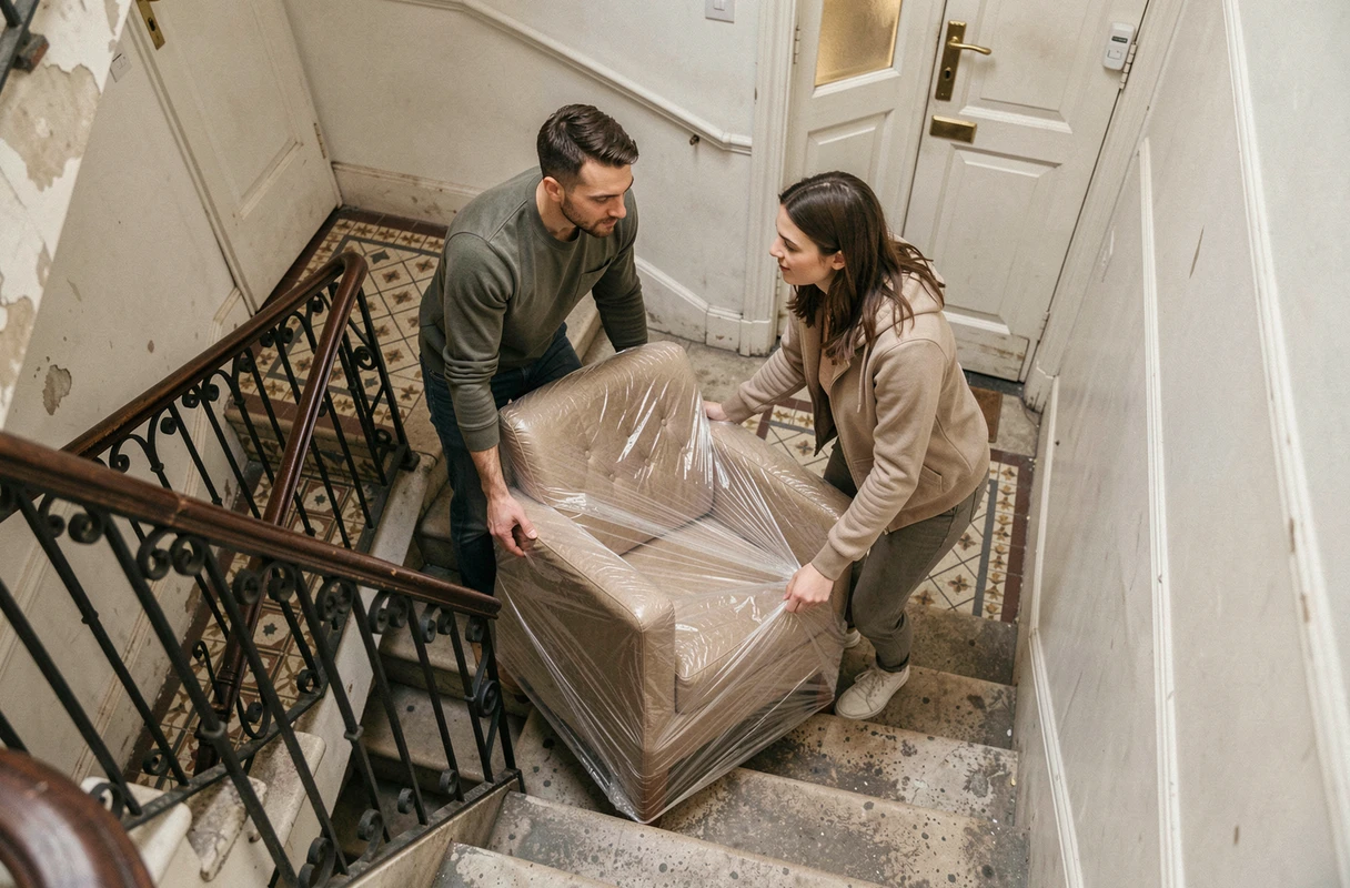Deux déménageurs manœuvrant un fauteuil emballé dans l'escalier étroit d'un immeuble en copropriété
