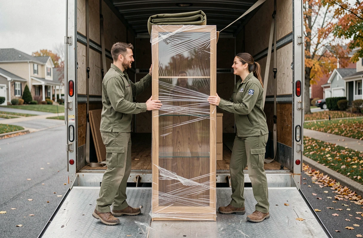 Deux déménageurs professionnels chargeant un meuble vitrine emballé dans un camion de déménagement