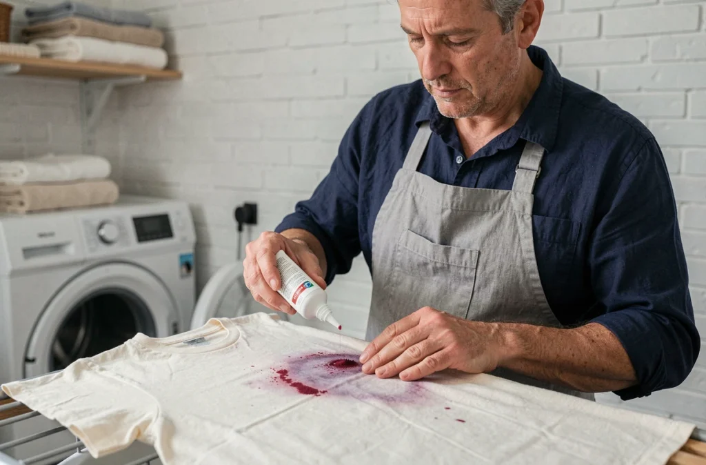 Homme appliquant un détachant en gel sur une tache de framboise tenace sur un t-shirt dans une buanderie