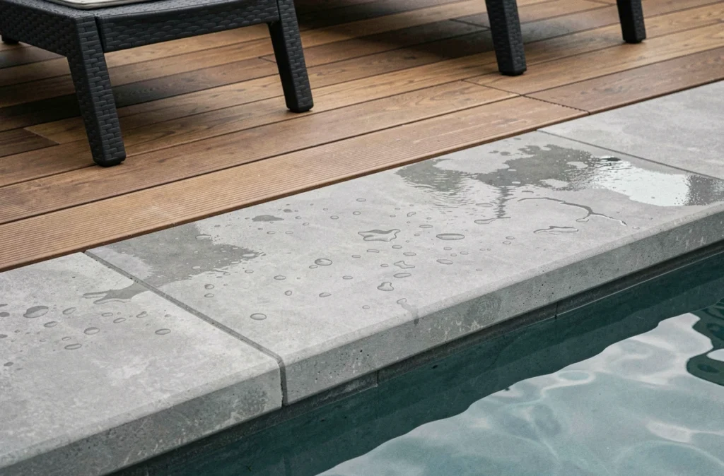 Détail de plage de piscine en bois de teck et dalles béton brossé avec gouttes d'eau sur surface étanche résistante