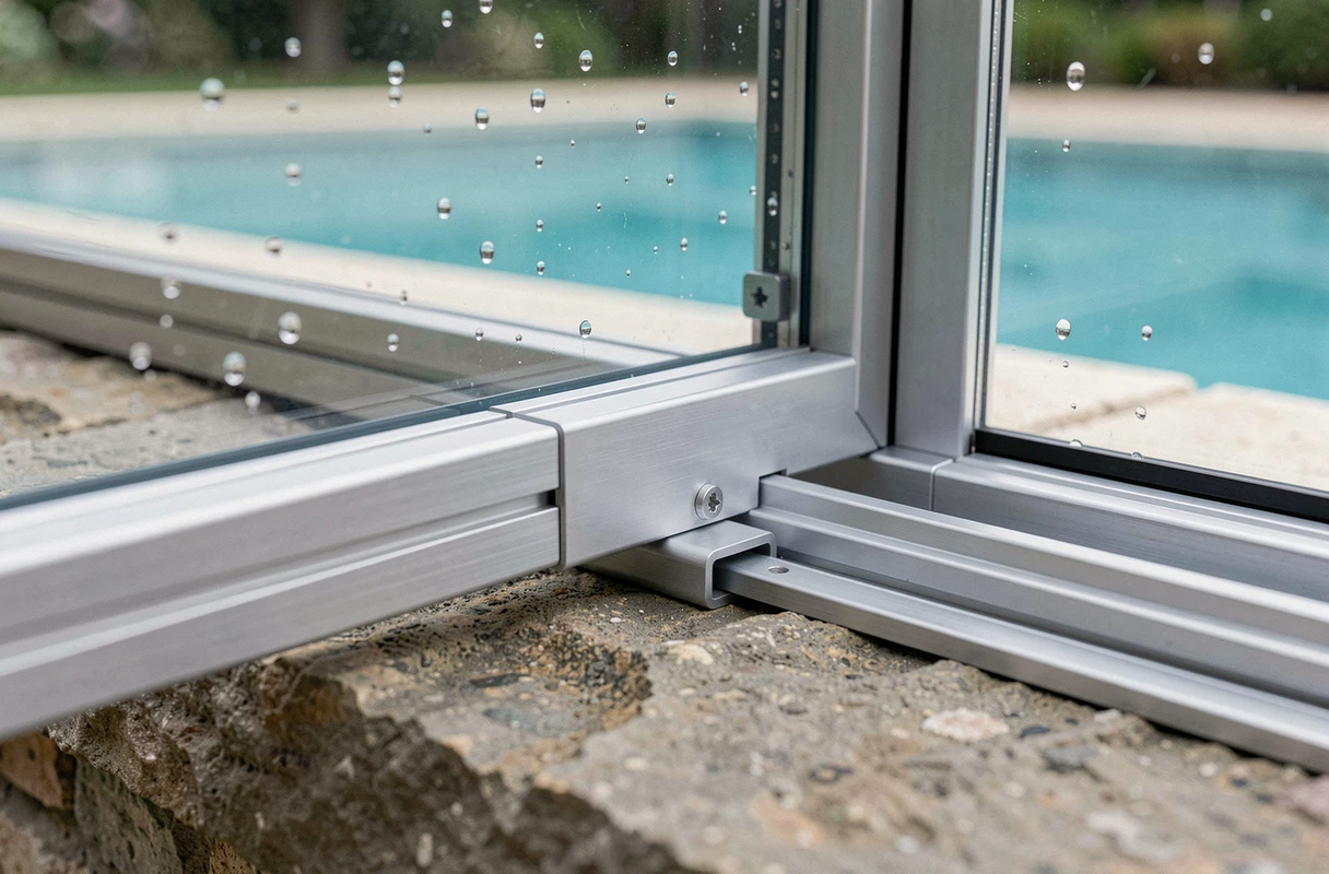 Détail du rail coulissant d'un abri de piscine télescopique en aluminium fixé sur le margelle en pierre au bord d'une piscine