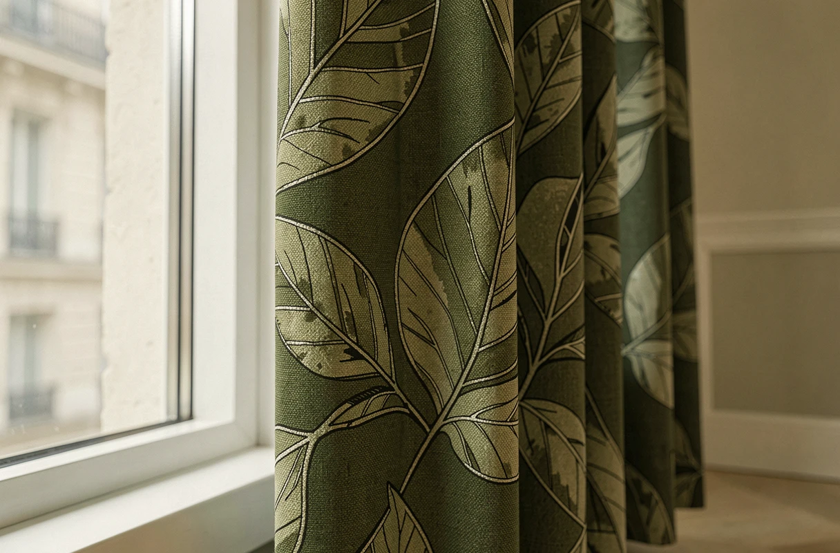 Détail de tissu occultant sur mesure à motif botanique pour fenêtre cintrée dans un appartement haussmannien