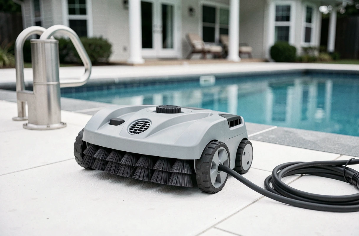 Robot nettoyeur de piscine posé au bord du bassin avec détail des brosses et du câble d'alimentation