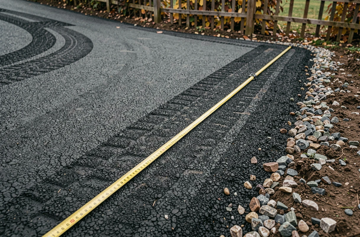 Détail de surface d'enrobé bitumineux compacté sur une allée en pente avec ruban de mesure