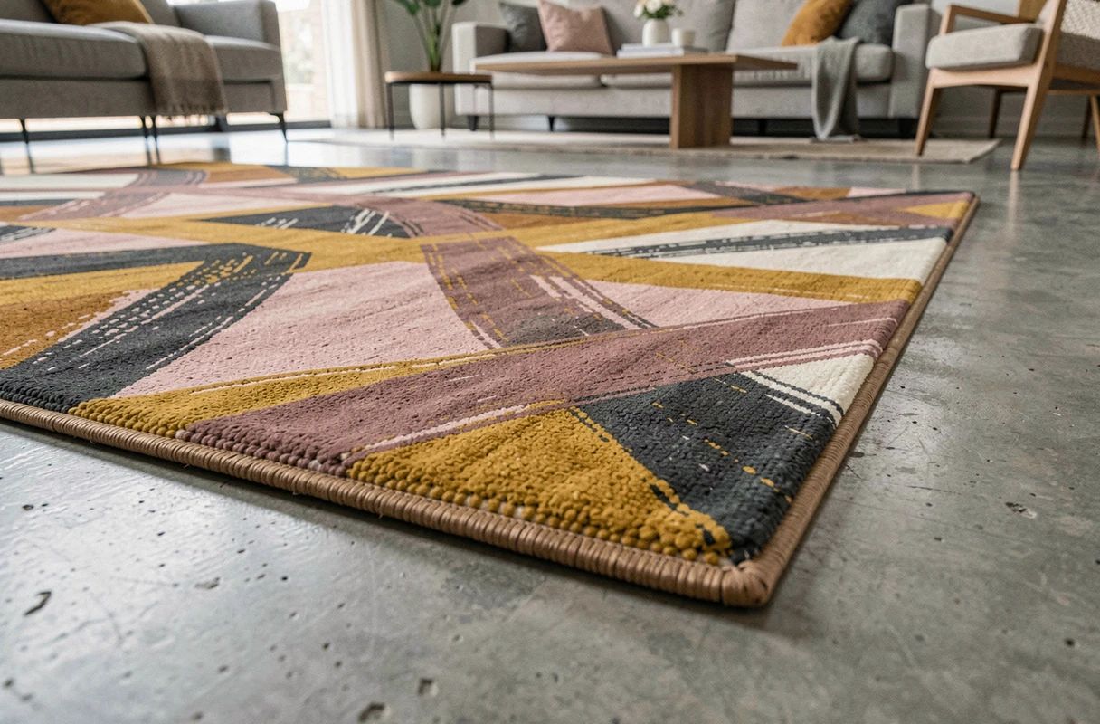 Détail en gros plan d'un tapis abstrait aux motifs graphiques en jaune moutarde et rose poudré sur sol en béton ciré
