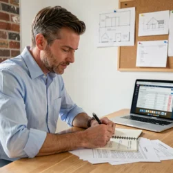Propriétaire investisseur analysant des devis d'artisans pour un projet de rénovation locatif sur un bureau à domicile
