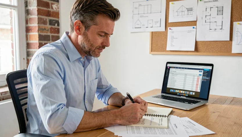 Propriétaire investisseur analysant des devis d'artisans pour un projet de rénovation locatif sur un bureau à domicile