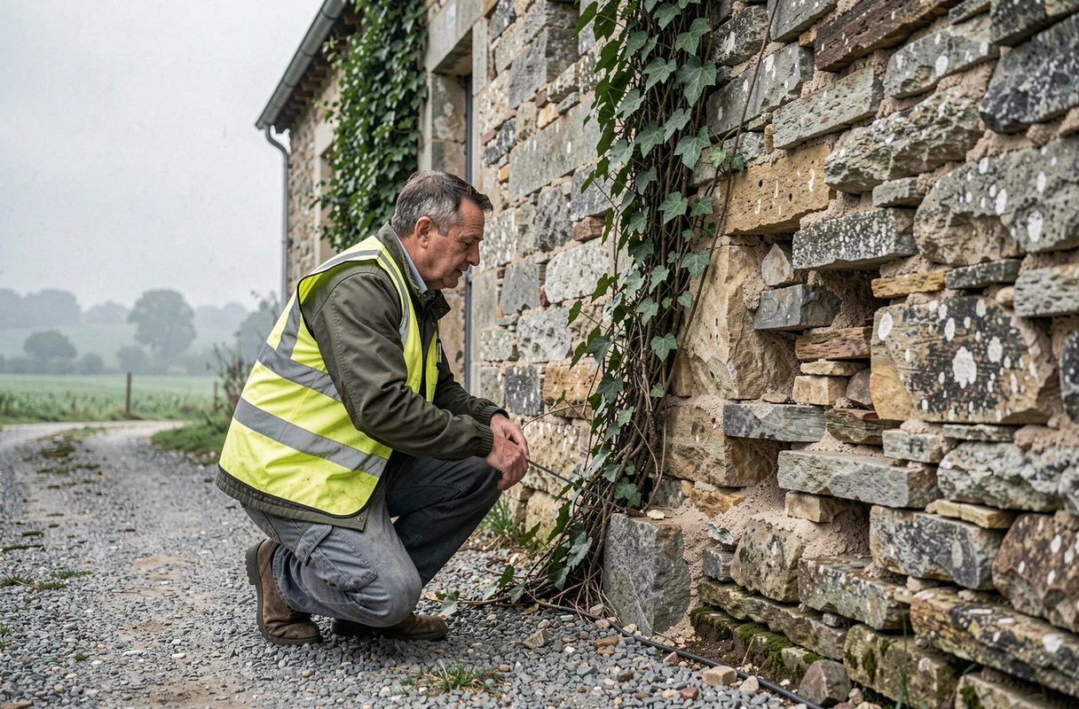 Inspecteur évaluant les murs en pierre d'une vieille maison rurale en Seine-et-Marne lors d'un diagnostic immobilier