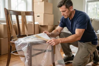 Homme emballant une chaise ancienne en bois avec du papier bulle avant un déménagement