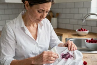 Femme essayant d'enlever une tache de framboise ancienne sur une chemise blanche avec un chiffon humide dans une cuisine