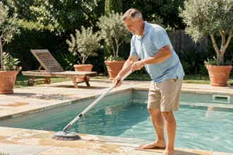 Homme entretenant les parois d'une piscine avec une brosse télescopique pour prévenir l'apparition des algues