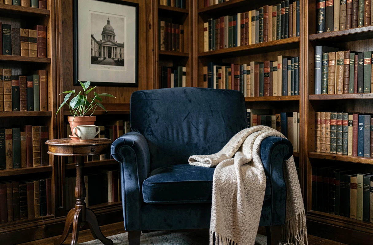 Fauteuil en velours bleu marine dans un bureau bibliothèque chaleureux avec plaid en cachemire et table d'appoint vintage