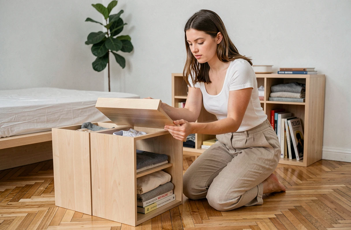 Femme assemblant des meubles modulables dans une petite chambre d'appartement