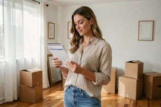 Femme consultant un calendrier dans un salon en cours de déménagement avec des cartons empilés