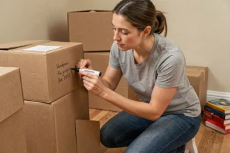 Femme étiquetant des cartons de déménagement à la main dans un salon en cours d'emballage